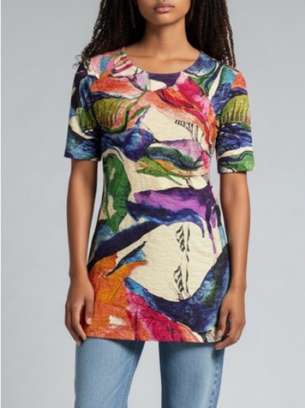 3 Potato "Art to Wear" lagenlook tunic in  a vibrant abstract print watercolor S